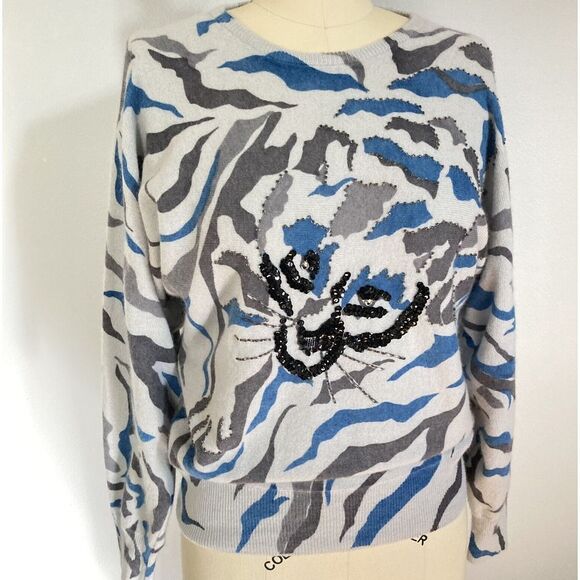 Vtg Sweater 80s 90s Blue Tiger Beaded Sequins Wool Angora Cat Lady NEW Deadstock - Picture 1 of 7